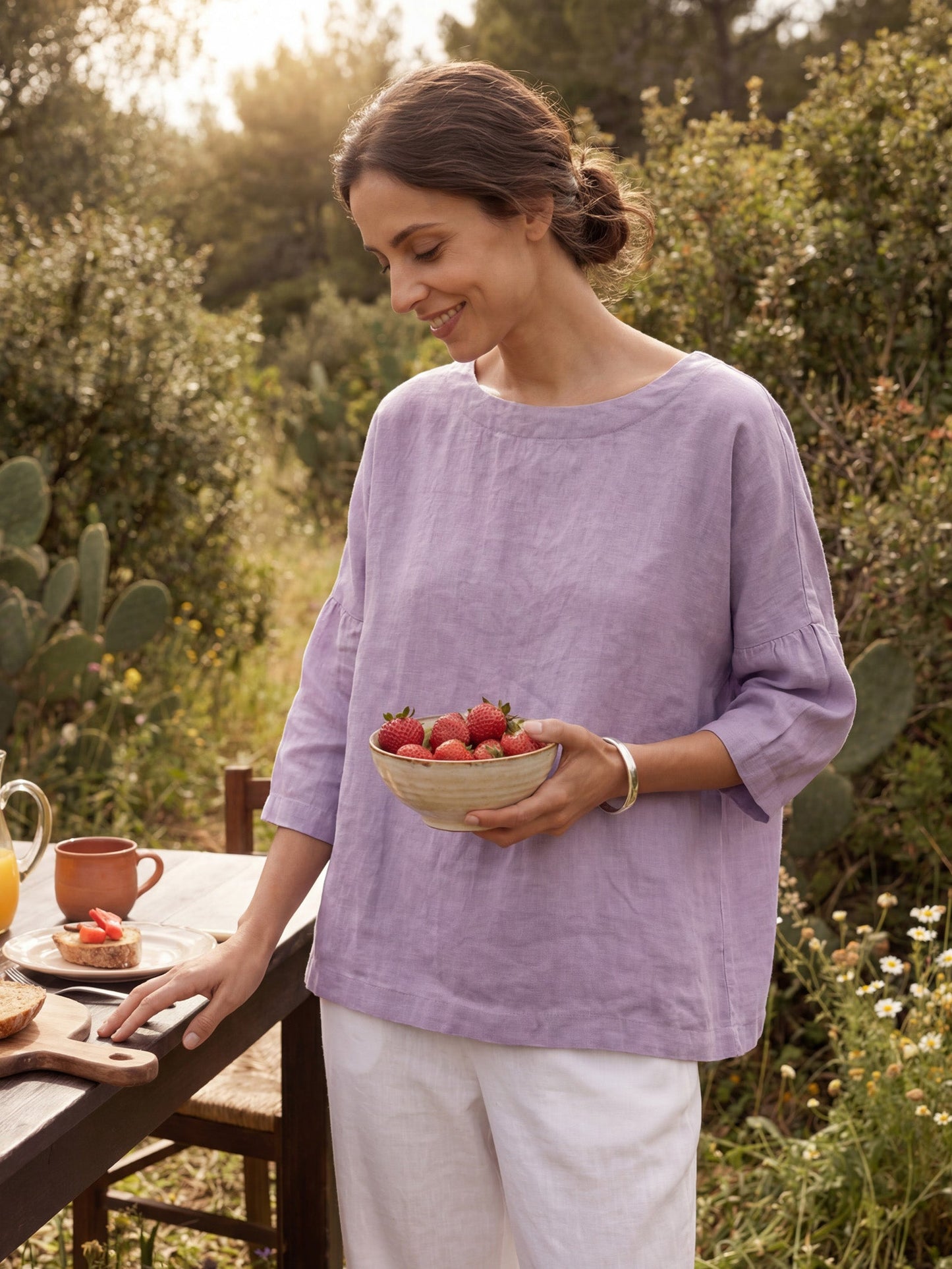 100% Linen Boatneck 3/4 Length Sleeve Top AURORA LINTICO