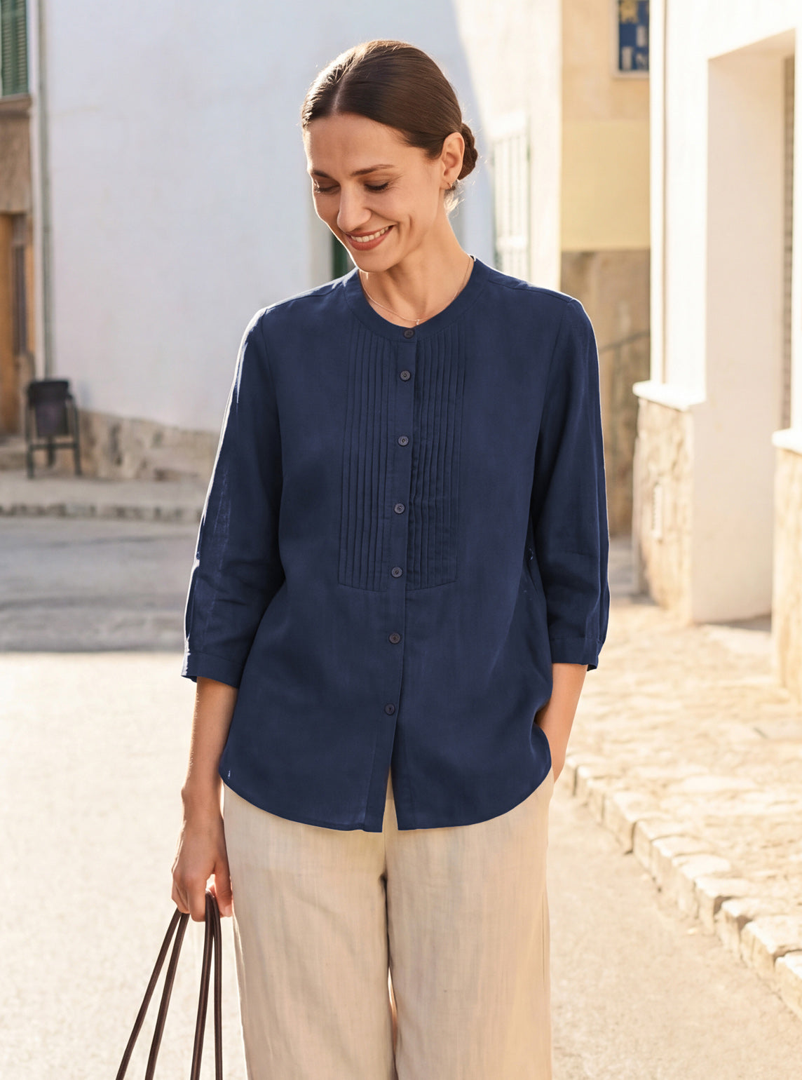 100% Linen Sculpted Accordion Pleat Crew Neck Shirt RANA LINTICO