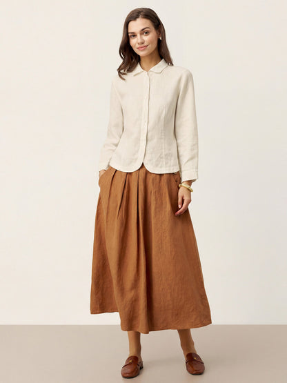 100% Linen Small Collar Curved Hem Tailored Shirt AVELINE LINTICO