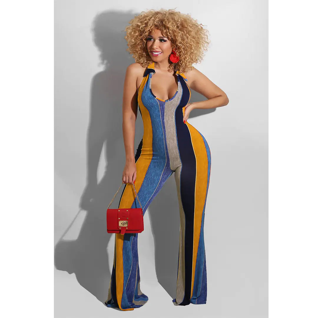 Striped Halter Jumpsuit with Horns for a Bold Look