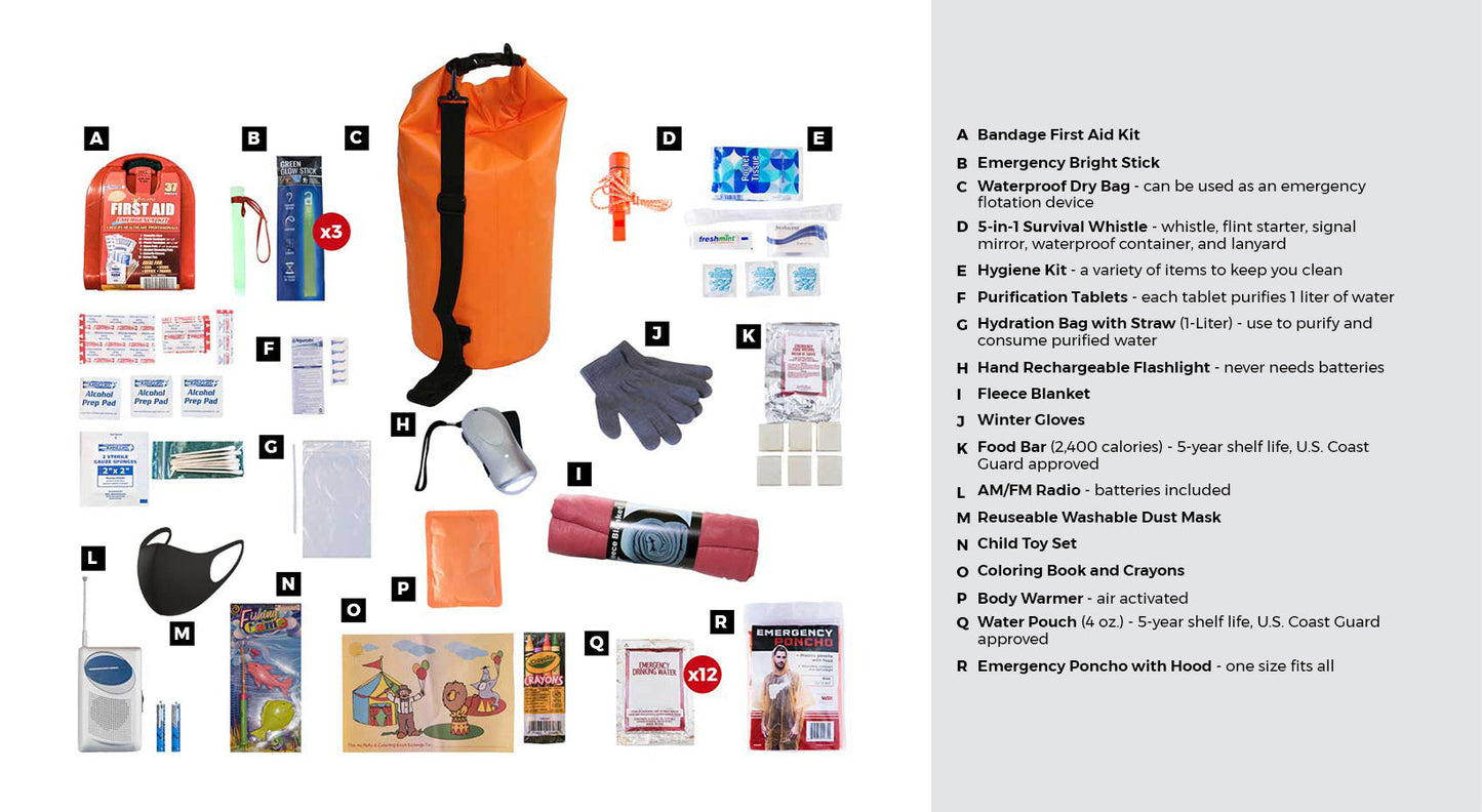 Survival Kit for Children, Dry Bag quakekits.com