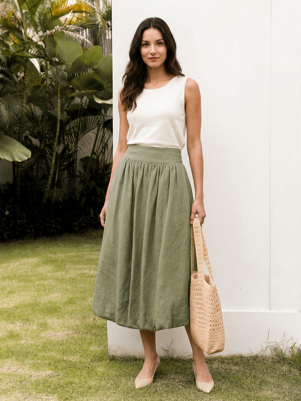 100% Linen Gathered Waist Bubble Hem A-Line Skirt LEONA LINTICO