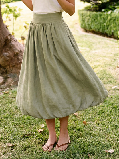 100% Linen Gathered Waist Bubble Hem A-Line Skirt LEONA LINTICO