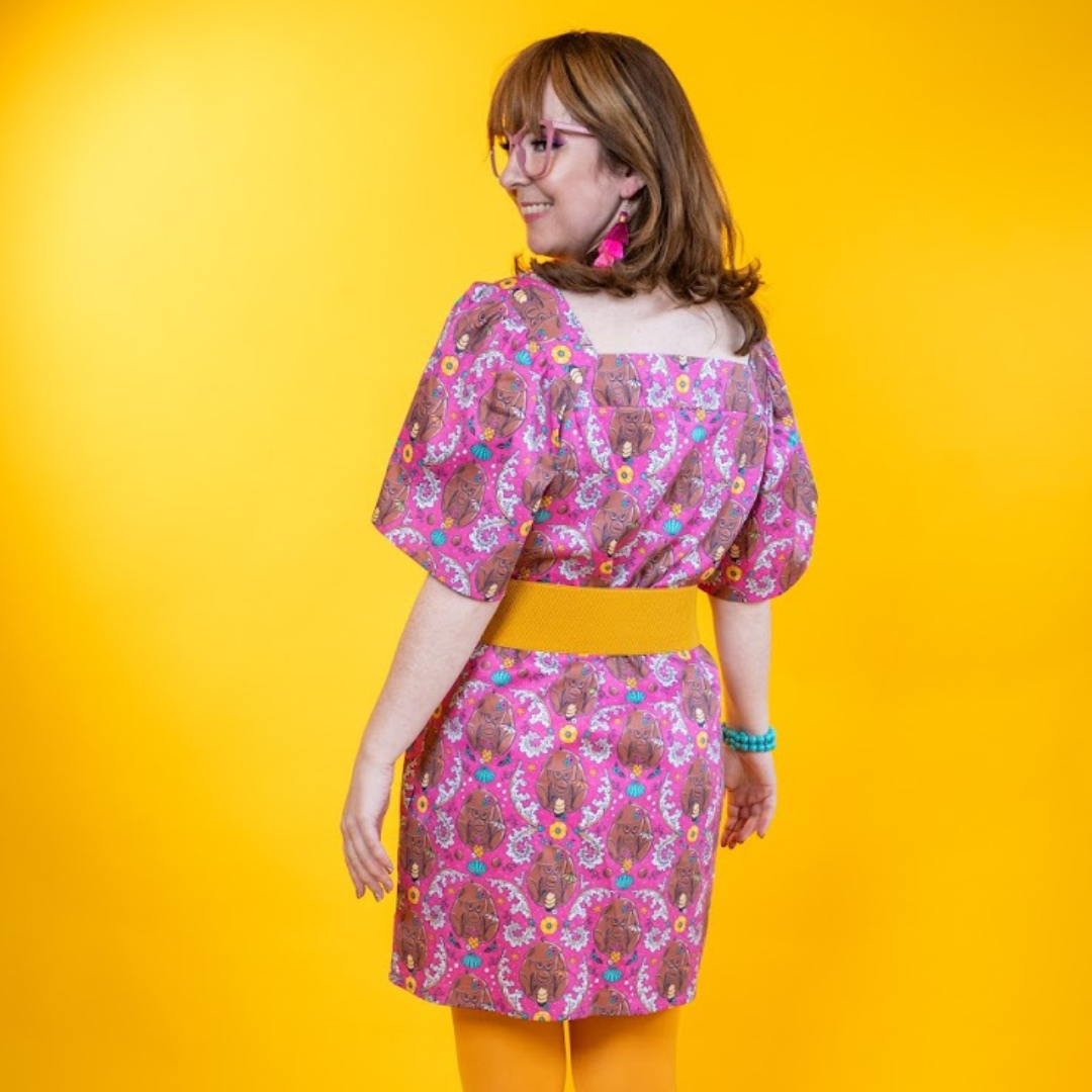 Cheeky Monkeys Square Neck Dress in Magenta Blue Platypus Clothing