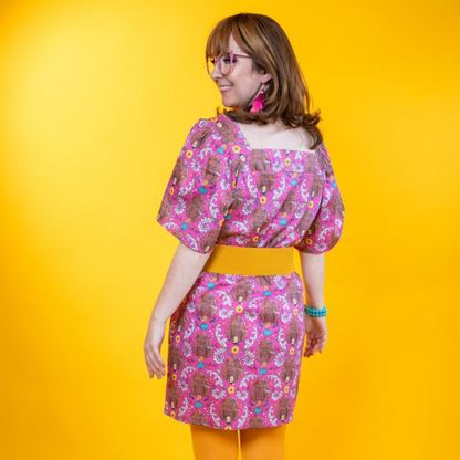 Cheeky Monkeys Square Neck Dress in Magenta Blue Platypus Clothing