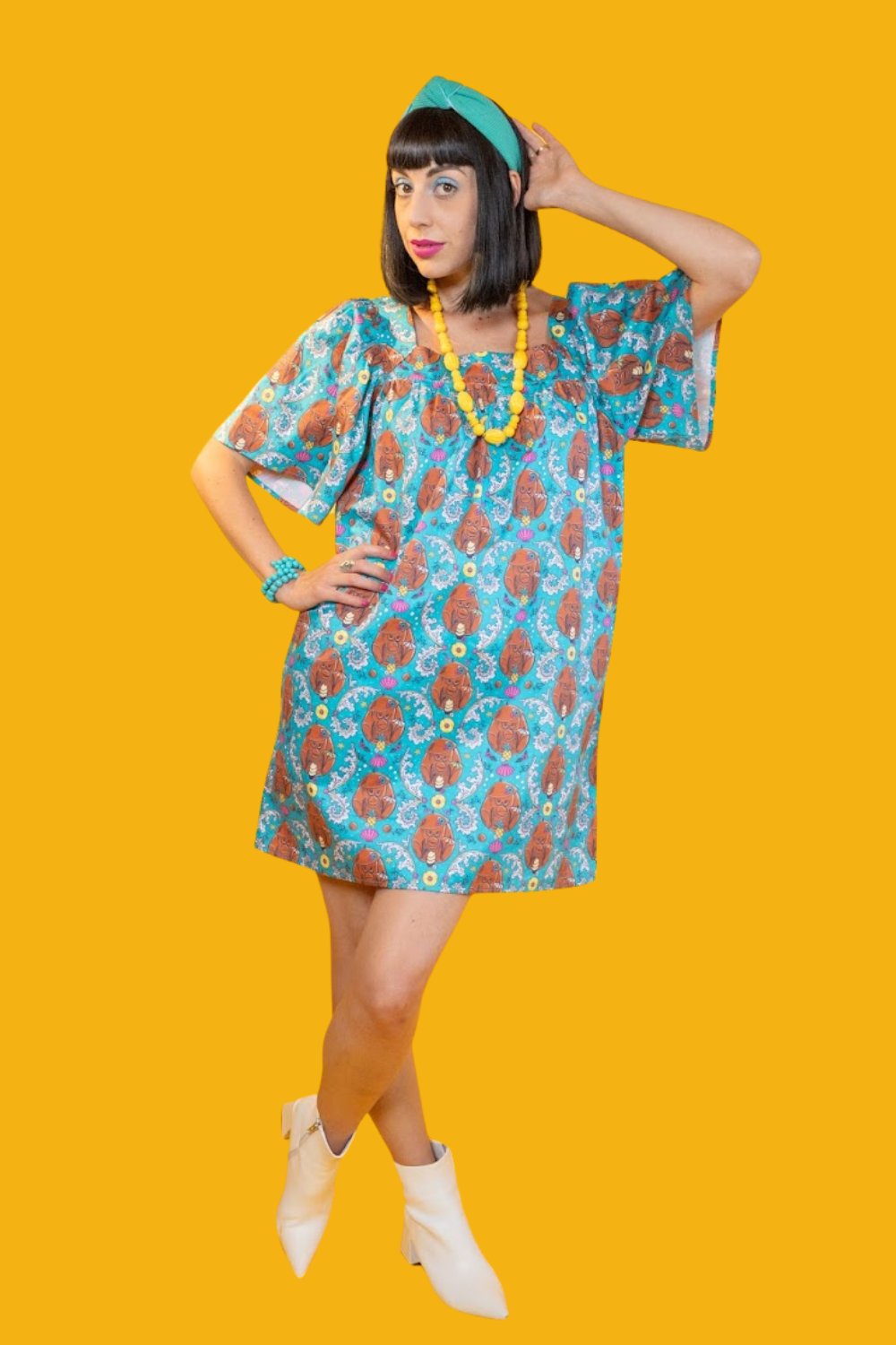Cheeky Monkeys Square Neck Dress in Magenta Blue Platypus Clothing