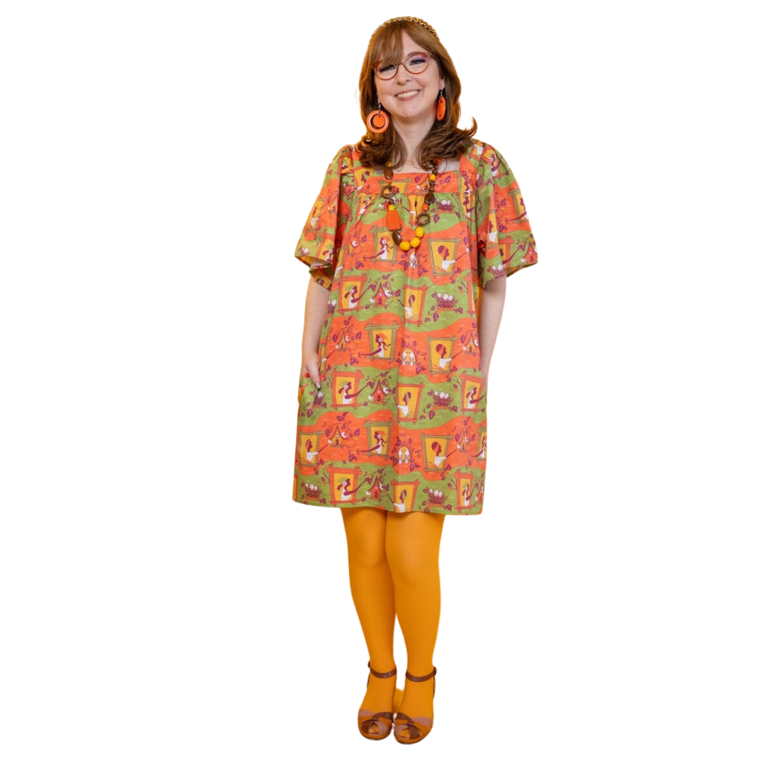 Brownstone Betties Square Neck Dress in Pumpkin & Olive Blue Platypus Clothing