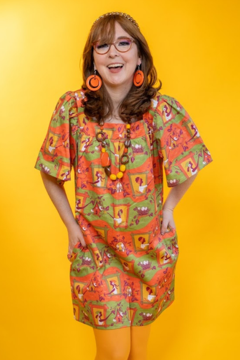 Brownstone Betties Square Neck Dress in Pumpkin & Olive Blue Platypus Clothing