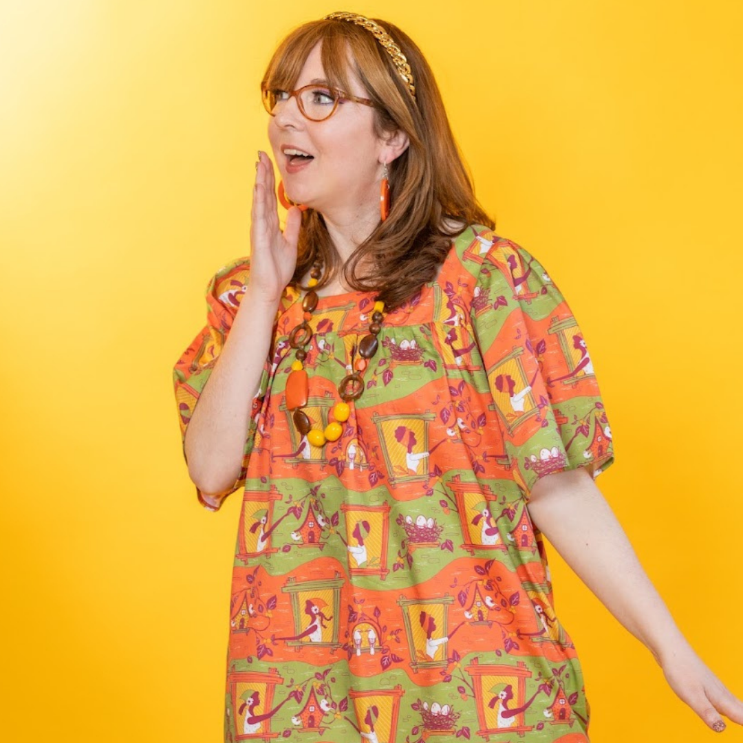 Brownstone Betties Square Neck Dress in Pumpkin & Olive Blue Platypus Clothing