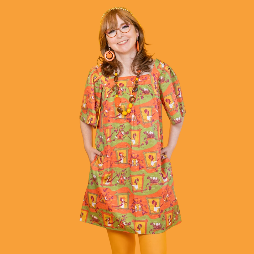 Brownstone Betties Square Neck Dress in Pumpkin & Olive Blue Platypus Clothing