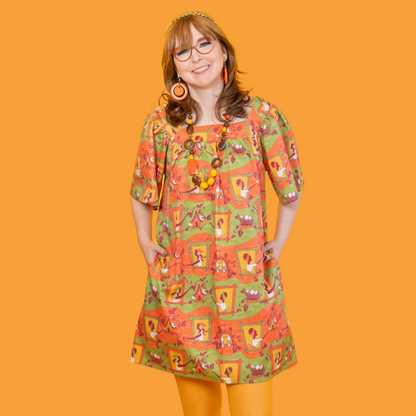 Brownstone Betties Square Neck Dress in Pumpkin & Olive Blue Platypus Clothing