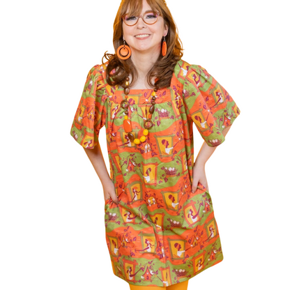 Brownstone Betties Square Neck Dress in Pumpkin & Olive Blue Platypus Clothing
