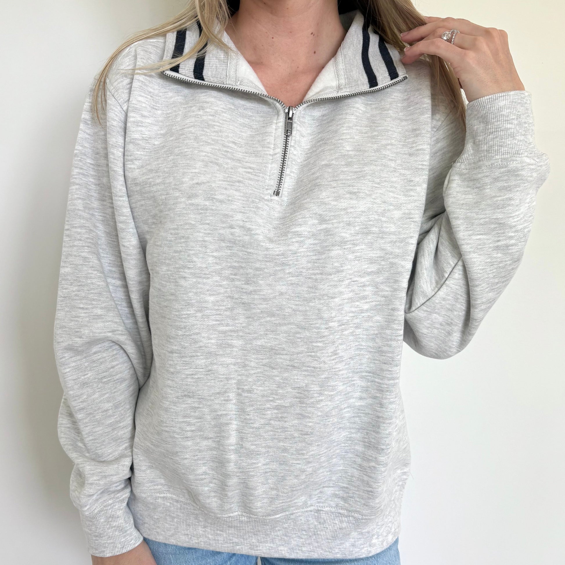 Heather Grey/Black Stripe Quarter Zip Pullover Ivy + Cloth