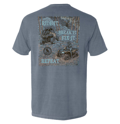 Ride it Break it Fix it Repeat Pocket Tee Shield Republic