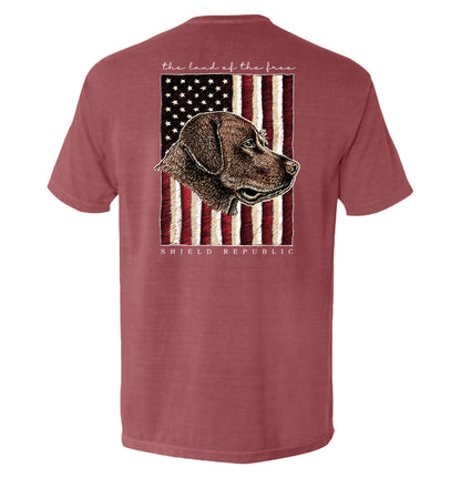 The Land of the Free Chocolate Lab Shield Republic