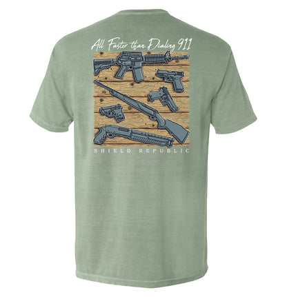 All Faster than Dialing 911 Pocket Tee Shield Republic