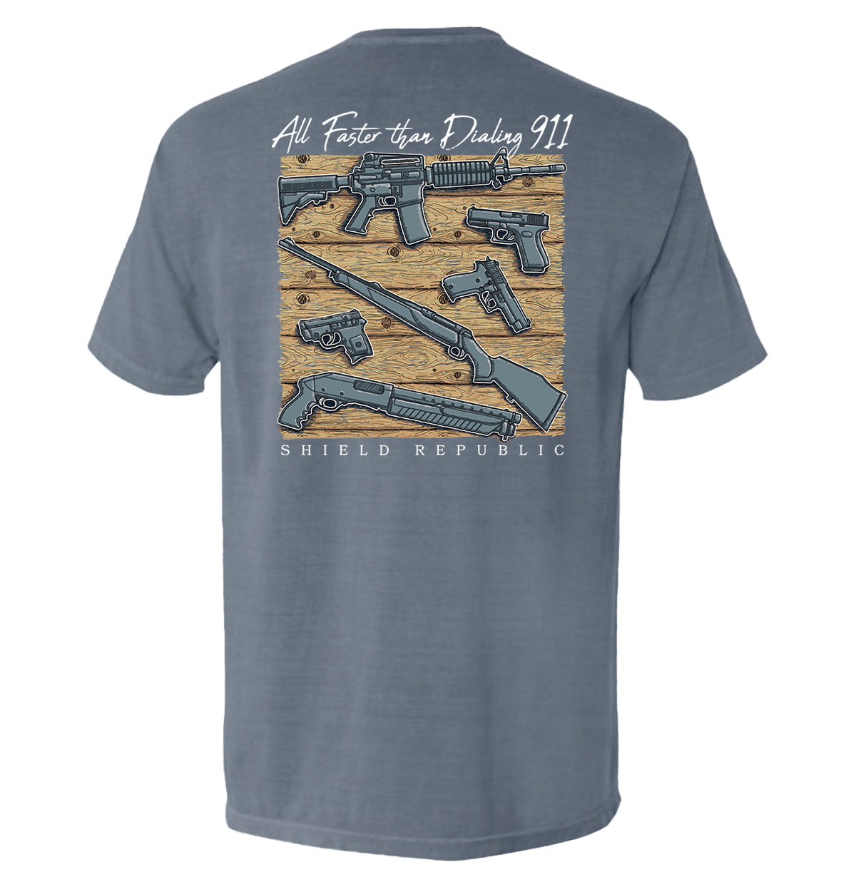 All Faster than Dialing 911 Pocket Tee Shield Republic