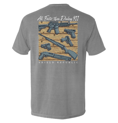 All Faster than Dialing 911 Pocket Tee Shield Republic