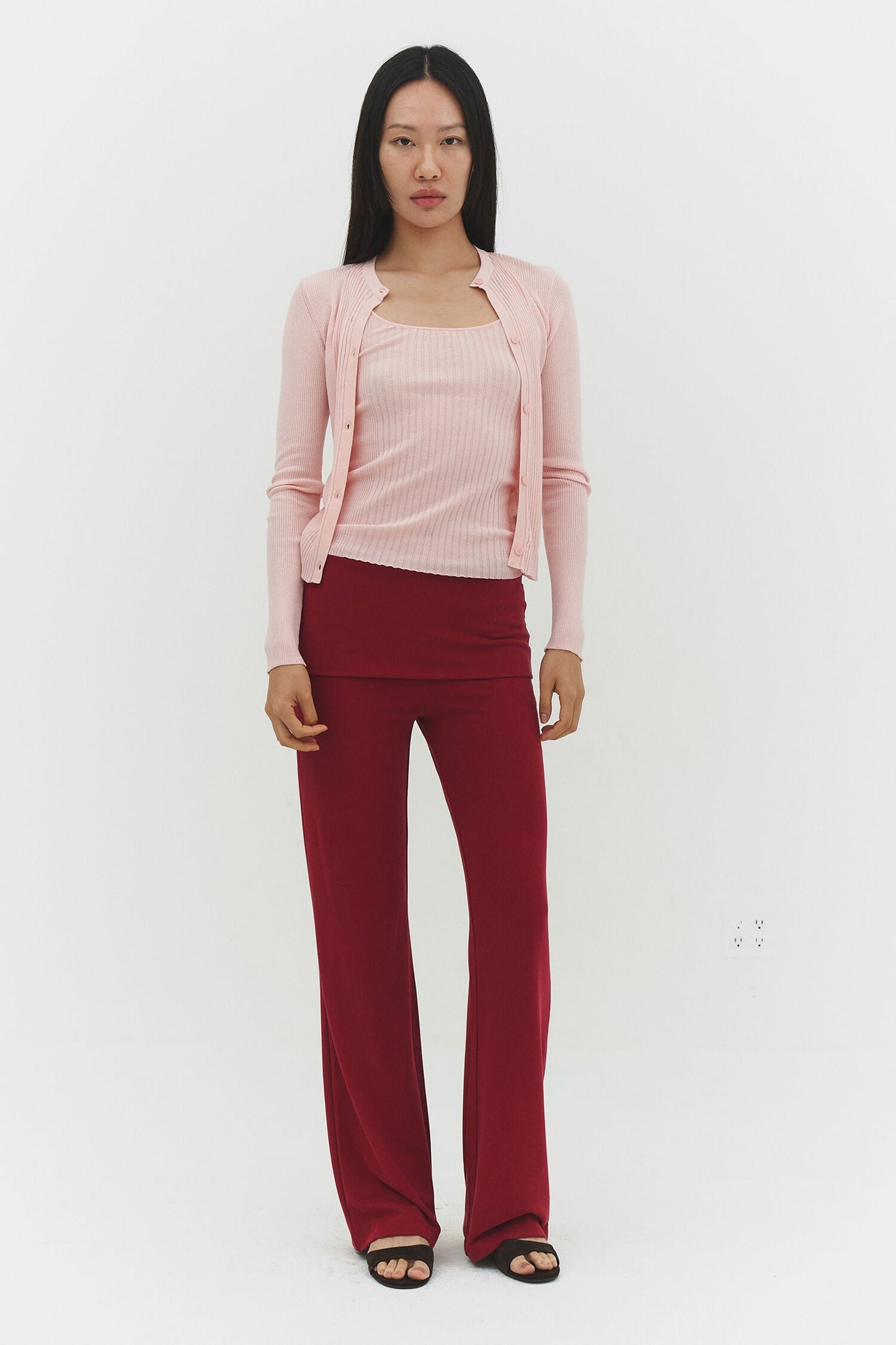 RIBBED KNIT CARDIGAN IN POWDER PINK