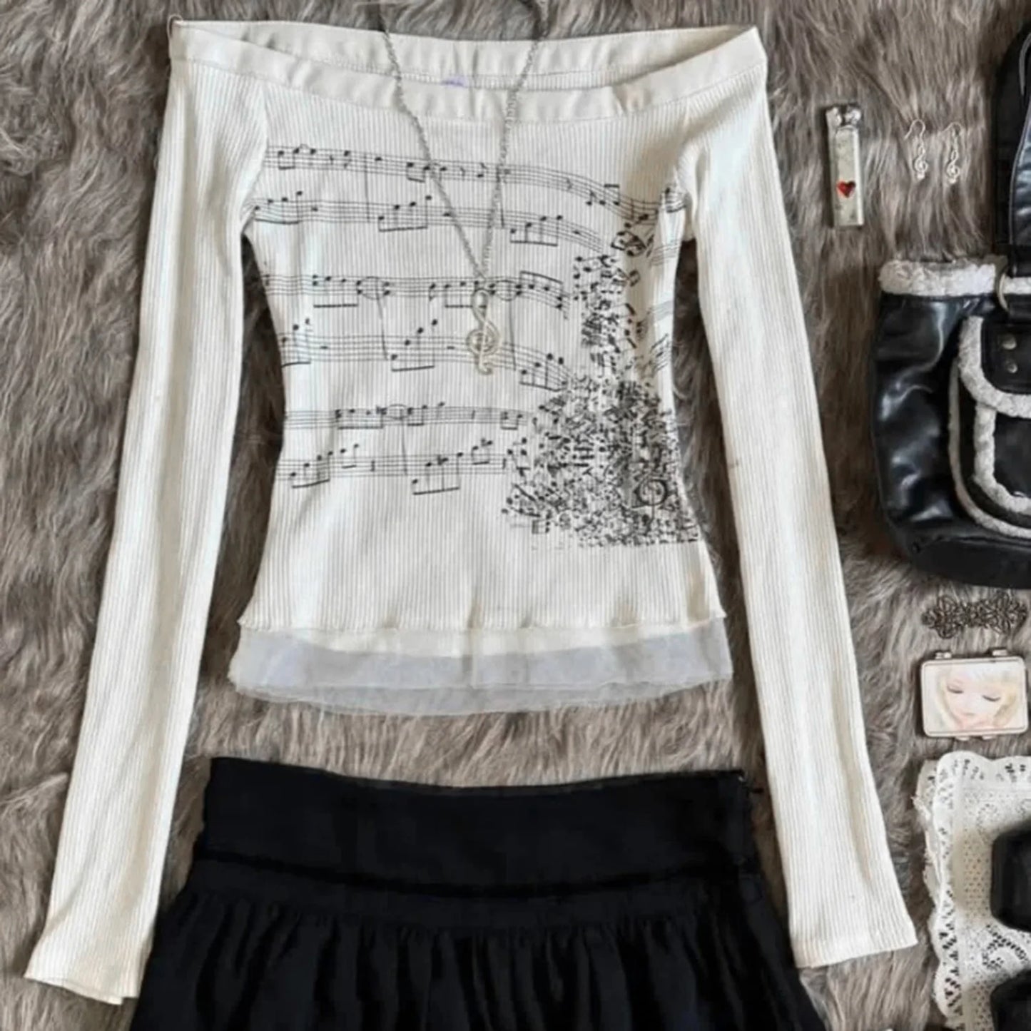 Women T-shirt Long Sleeve Boat Neck Music Note Print Patchwork Slim Fit Ladies Tops Streetwear NovaCart