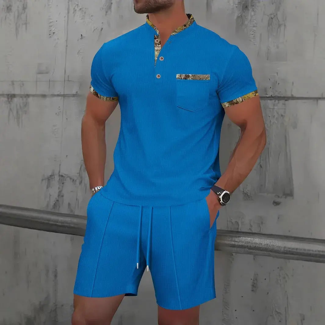 2025 Men Europe and the United States new summer Waffle solid color zip-up lapel short-sleeve suit shorts two sets NovaCart