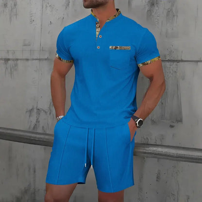2025 Men Europe and the United States new summer Waffle solid color zip-up lapel short-sleeve suit shorts two sets NovaCart