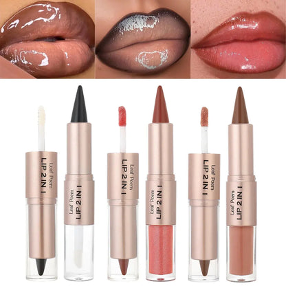 2IN1 Tapered Gradient Lipliner Pen Nude Brown Mirror Glass Lip Gloss Matte Lip Liner Waterproof Lip Contour Non Stick Makeup NovaCart