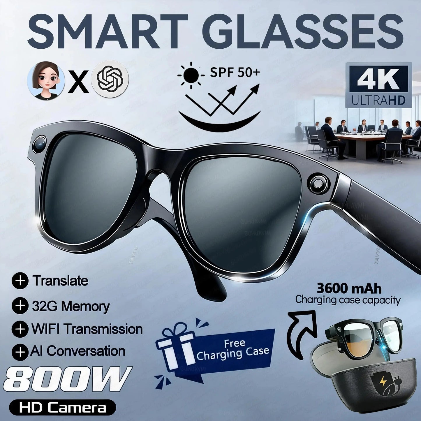 2026 New 32G Memory 800W 4K Camera Smart Glasses Men Photos&Videos 3600mAh Power Bank 120+Languages Translation AI Glasses Women NovaCart