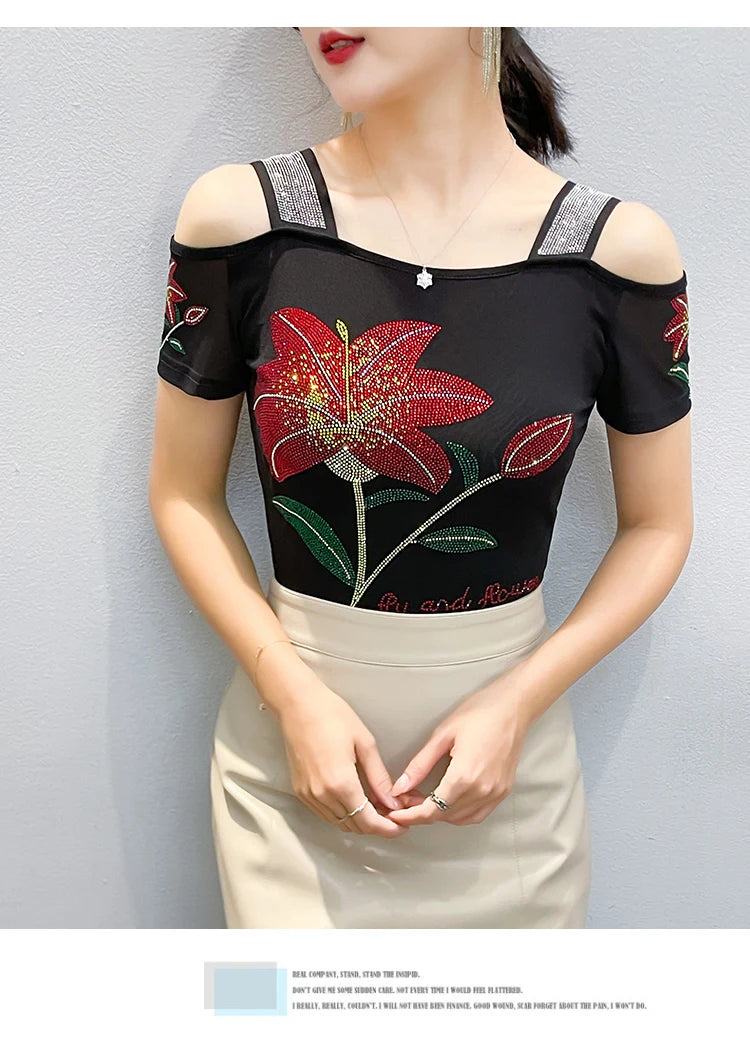 Women's Clothes New Design Sexy Off Shoulder Shiny Diamonds T-Shirts Luxury Brand Mesh Tees Tops Blouse Shirt NovaCart