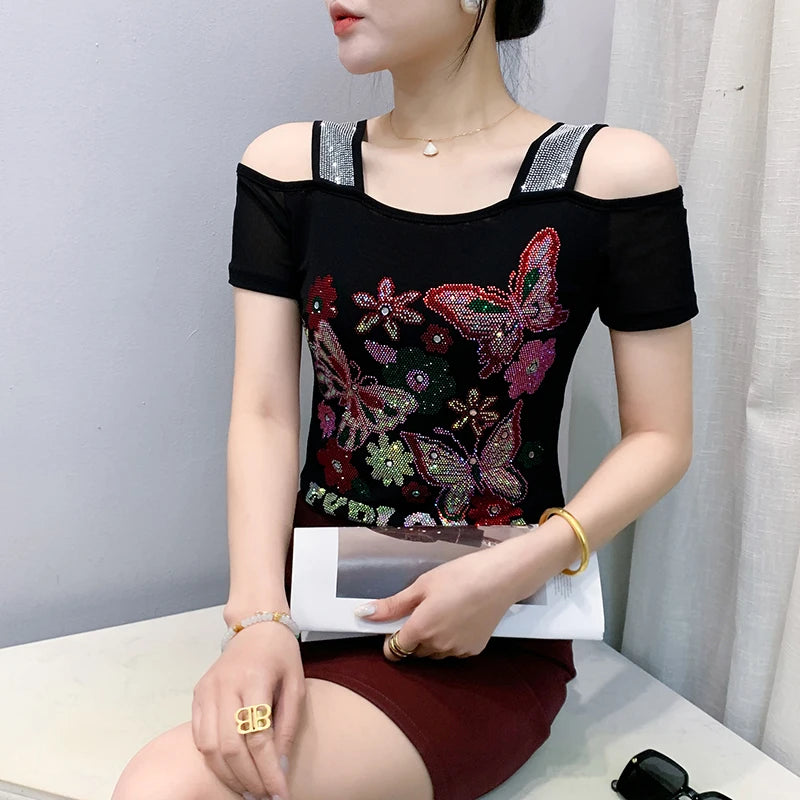 M-3XL Summer European Women's Clothes High Quality T-Shirt Luxury Hot Diamonds Design Slim Tees Sexy Girls Streetwear Tops NovaCart