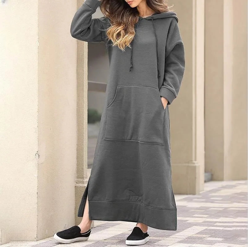 Hoodies Dress For Women Fashion 2025 Hem Lace-up Midi Robe Hooded Long Dress Autumn Winter Warm Casual Loose Sweatshirt Vestidos NovaCart