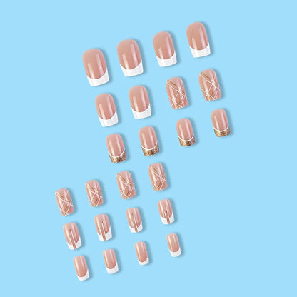 24Pcs Short Square Coffin False Nails Square Fake Nails with Glue French Glitter Wearable Acrylic Nails Set Press on Nail Tips NovaCart