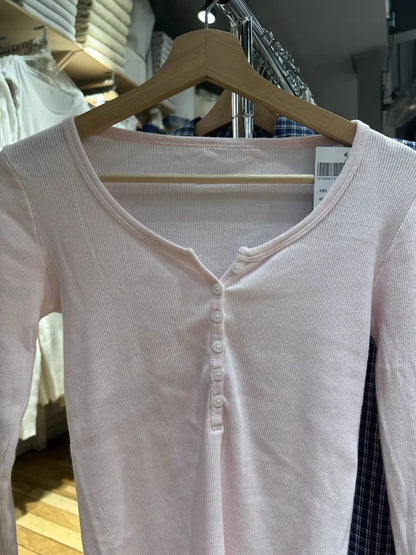Six Buttons Ribbed Long Sleeve T-shirts Women Spring Round Neck Cotton Slim Tee Top Female Sweet Cute Pink Tshirt Y2k Tops New NovaCart