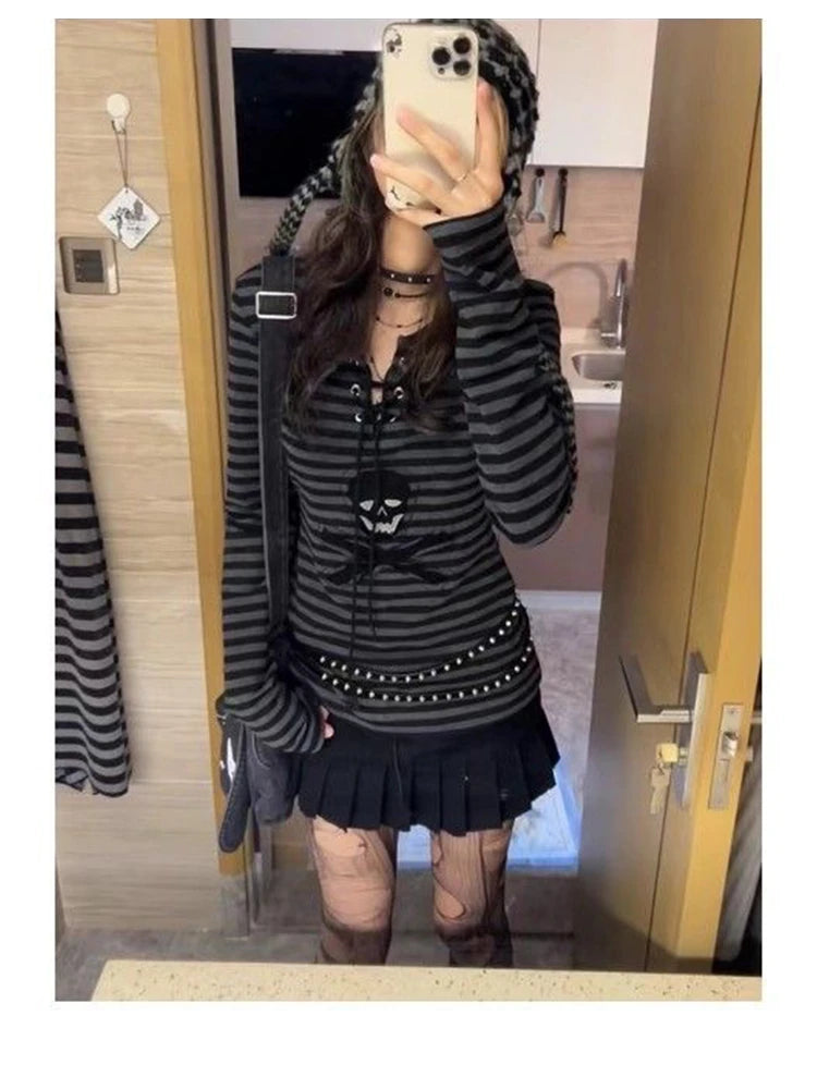 Tonngirls Gothic Retro T-shirt Women Lace Up Striped Casual Shirt Y2k Vintage Print Graphic Tops Streetwear american Grunge Tops NovaCart