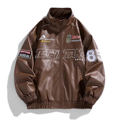 Men's Leather Jacket 2026 New Fall Standing Collar Motorcycle Coat PU Leather Jacket Trendy American Casual Outfit Coat NovaCart