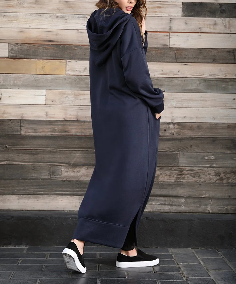 Hoodies Dress For Women Fashion 2025 Hem Lace-up Midi Robe Hooded Long Dress Autumn Winter Warm Casual Loose Sweatshirt Vestidos NovaCart