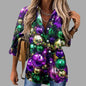 🎭 Mardi Gras Women's V-Neck Long Sleeve Carnival Print Shirt FitiqueFit