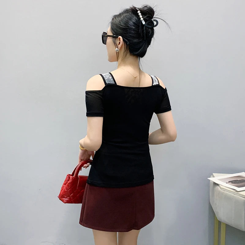 M-3XL Summer European Women's Clothes High Quality T-Shirt Luxury Hot Diamonds Design Slim Tees Sexy Girls Streetwear Tops NovaCart