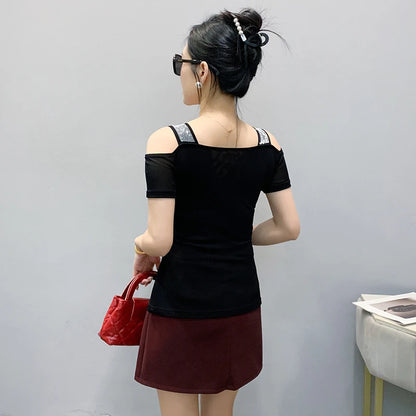 M-3XL Summer European Women's Clothes High Quality T-Shirt Luxury Hot Diamonds Design Slim Tees Sexy Girls Streetwear Tops NovaCart