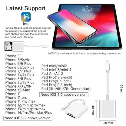 2-in-1 Lightning Flash Card Reader TF Reader 2-in1 Slot for iPhone/iPad, Suitable for Memory Card/Mini SD Card Adapter Pi-Mart