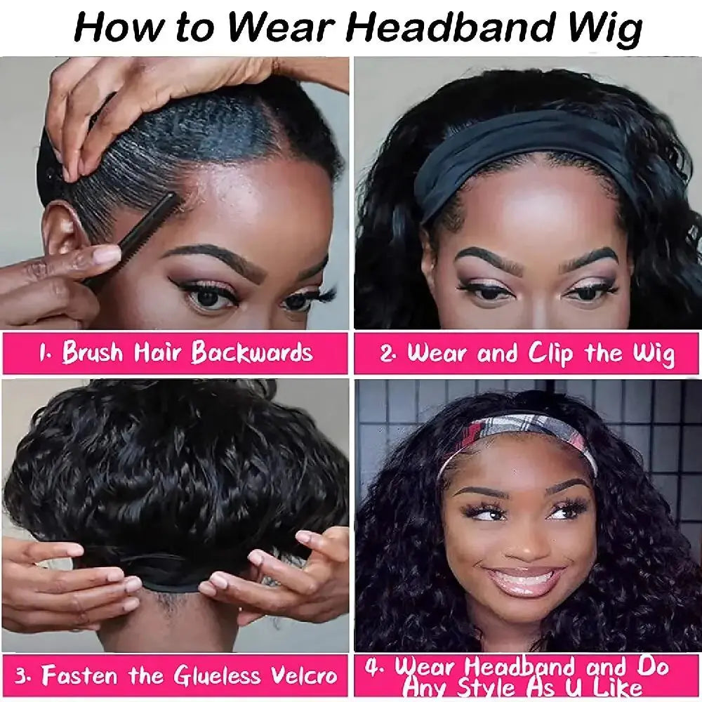 Deep Wave Headband Wig Human Hair 200% Density Wigs For Women 100% Real Hair Wigs Full Machine Made Wigs Natural Black Hair NovaCart
