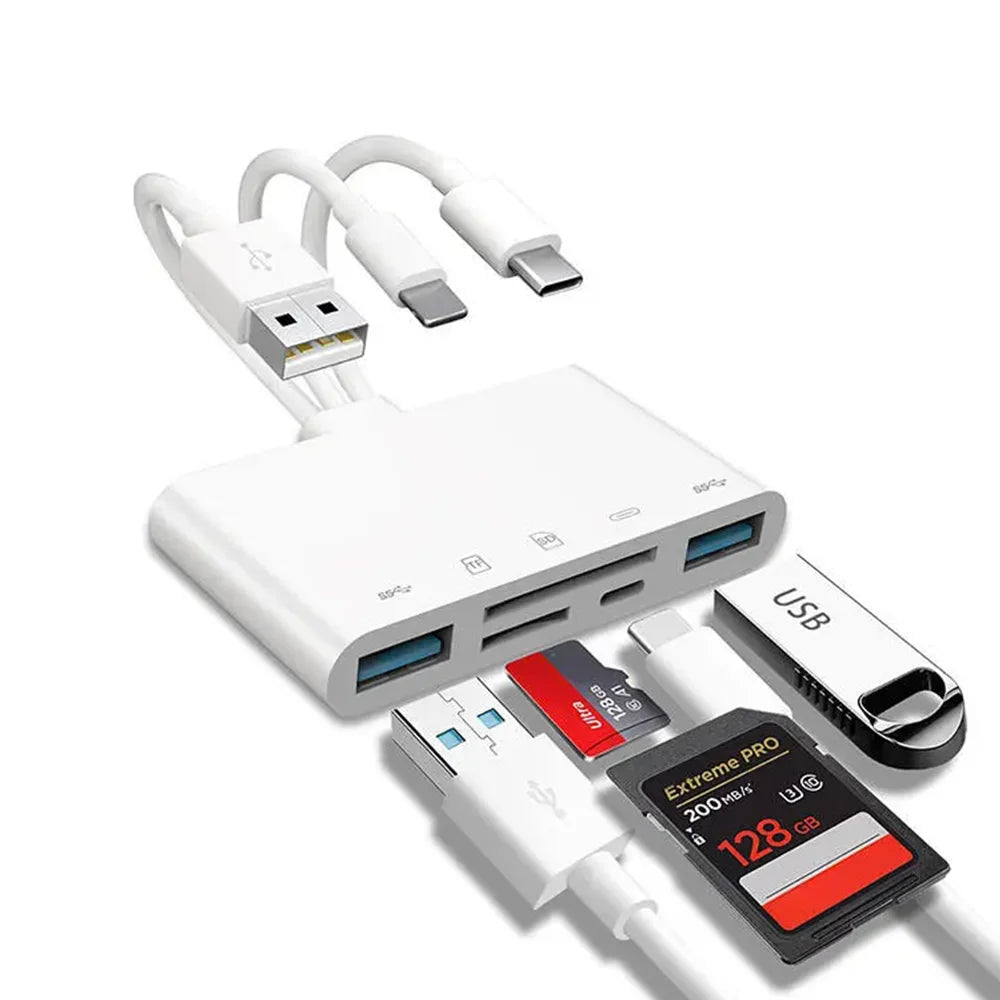 Three-wire 5-in-1 card reader, multi-function OTG converter, high-speed transmission, compatible with Iphone/Android/ipad Pi-Mart