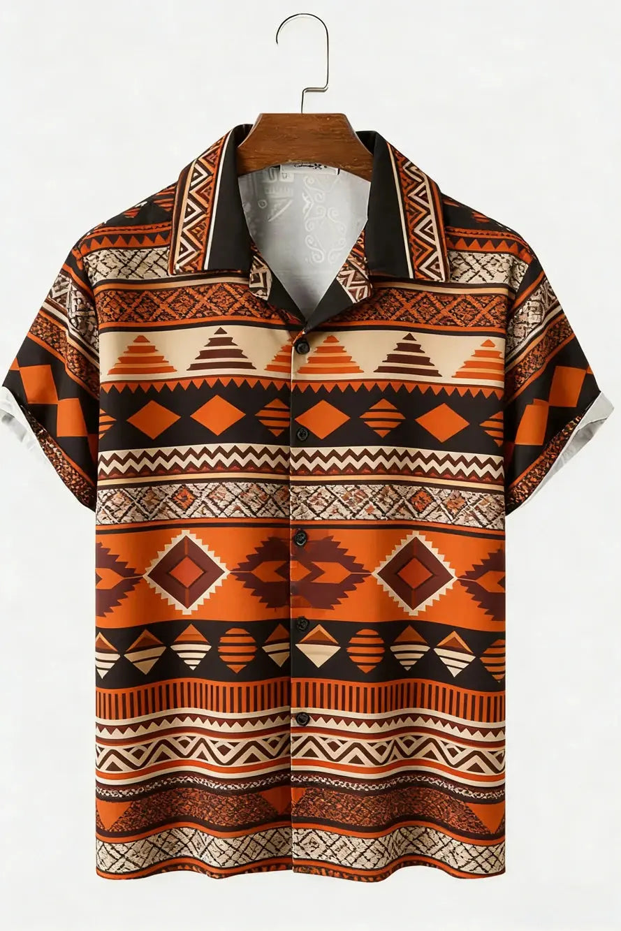 Men's New Linen Ethnic Tribal Style 3D Printed Shirt Hawaiian Tropical Breathable Comfortable Short-sleeved Lapel Clothes Men'S NovaCart