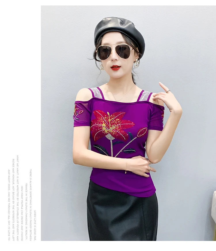 Women's Clothes New Design Sexy Off Shoulder Shiny Diamonds T-Shirts Luxury Brand Mesh Tees Tops Blouse Shirt NovaCart