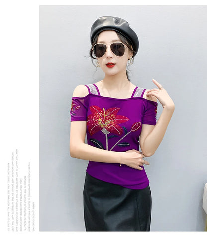 Women's Clothes New Design Sexy Off Shoulder Shiny Diamonds T-Shirts Luxury Brand Mesh Tees Tops Blouse Shirt NovaCart
