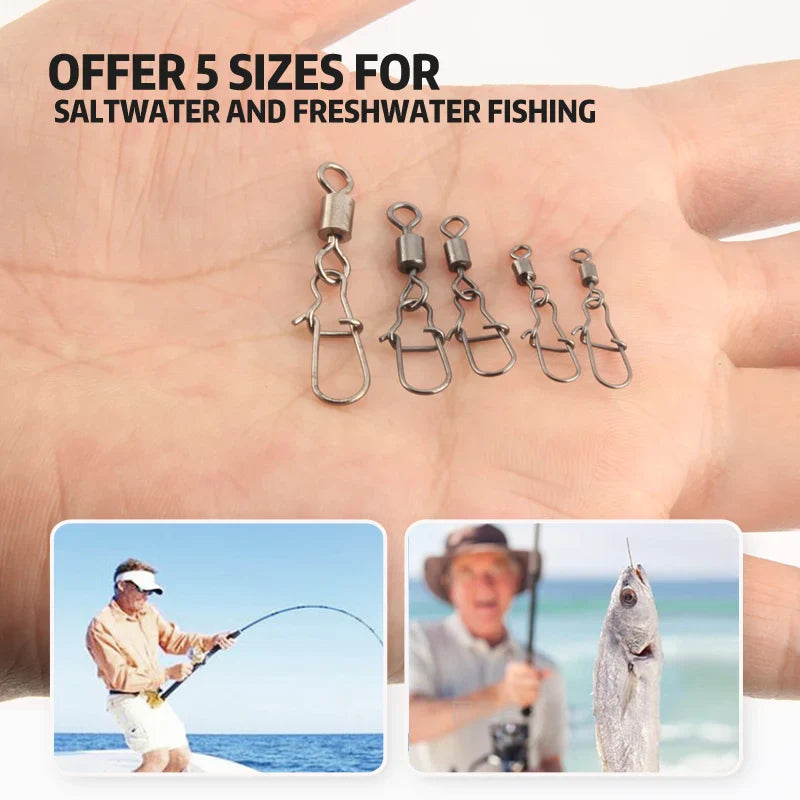 50pc/box Stainless Steel Fishing Connector Pin 4# 6# 8#10#12# Bearing Rolling Swivel with Snap Fishhook Lure Accessories Pi-Mart
