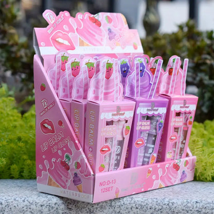 Cute Ice Cream Shiny Lip Gloss Lip Balm Set Girls Woman Waterproof Longlasting Natural Moisturizing Lips Makeup NovaCart