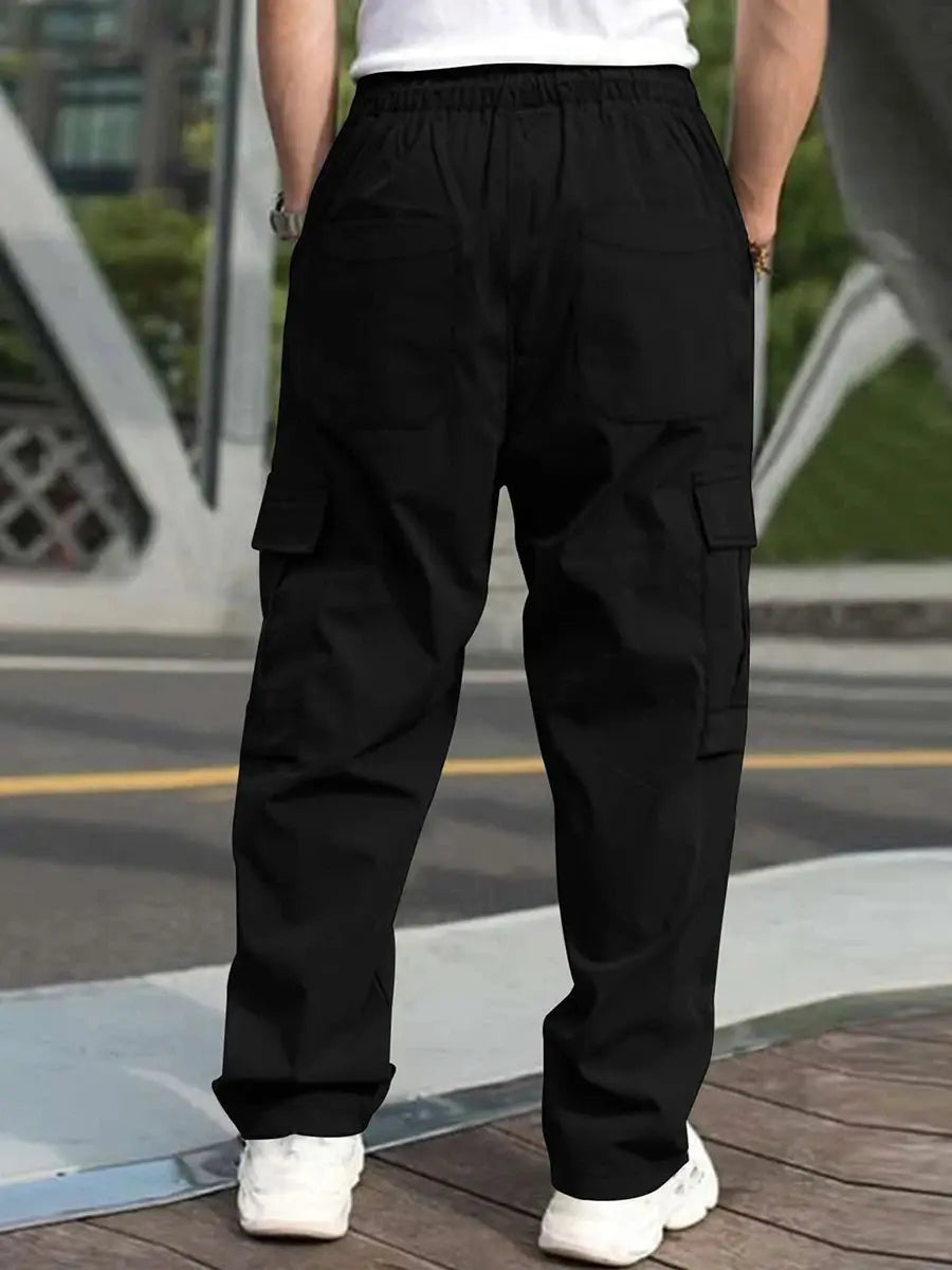 Men s Loose Cargo Long Pants Solid Color Drawstring Waist Straight Leg Trousers Casual Work Pants with Pockets NovaCart