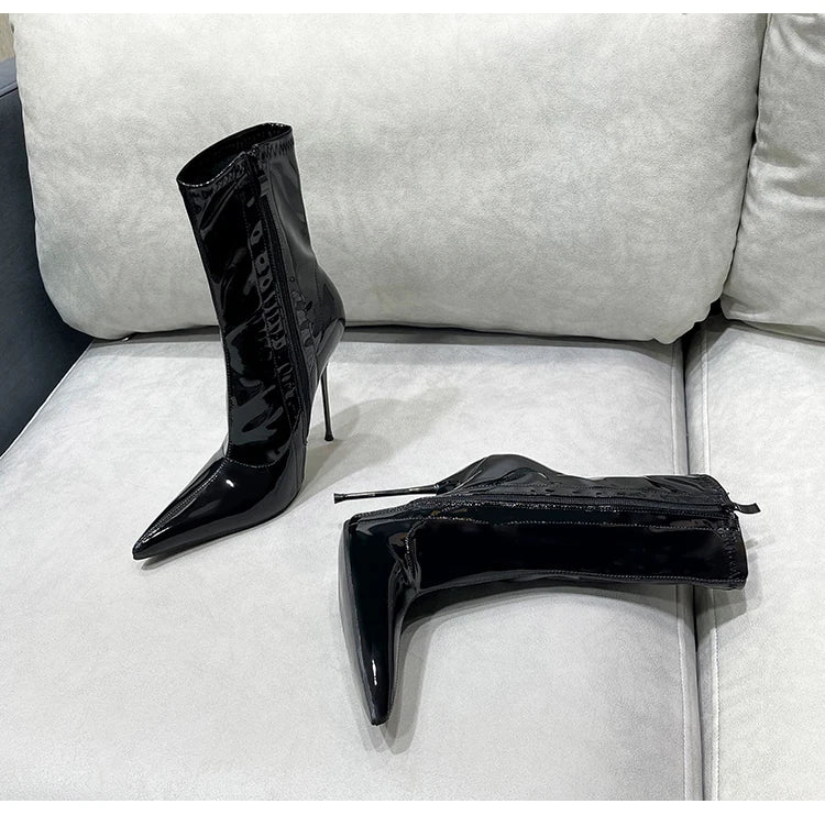 Knee-High Pointy Toe Women Boots 13cm Ultra Thin Steel High Heels Metal Heel Patent Leather Wide Calf Boots for Women Plus Size NovaCart