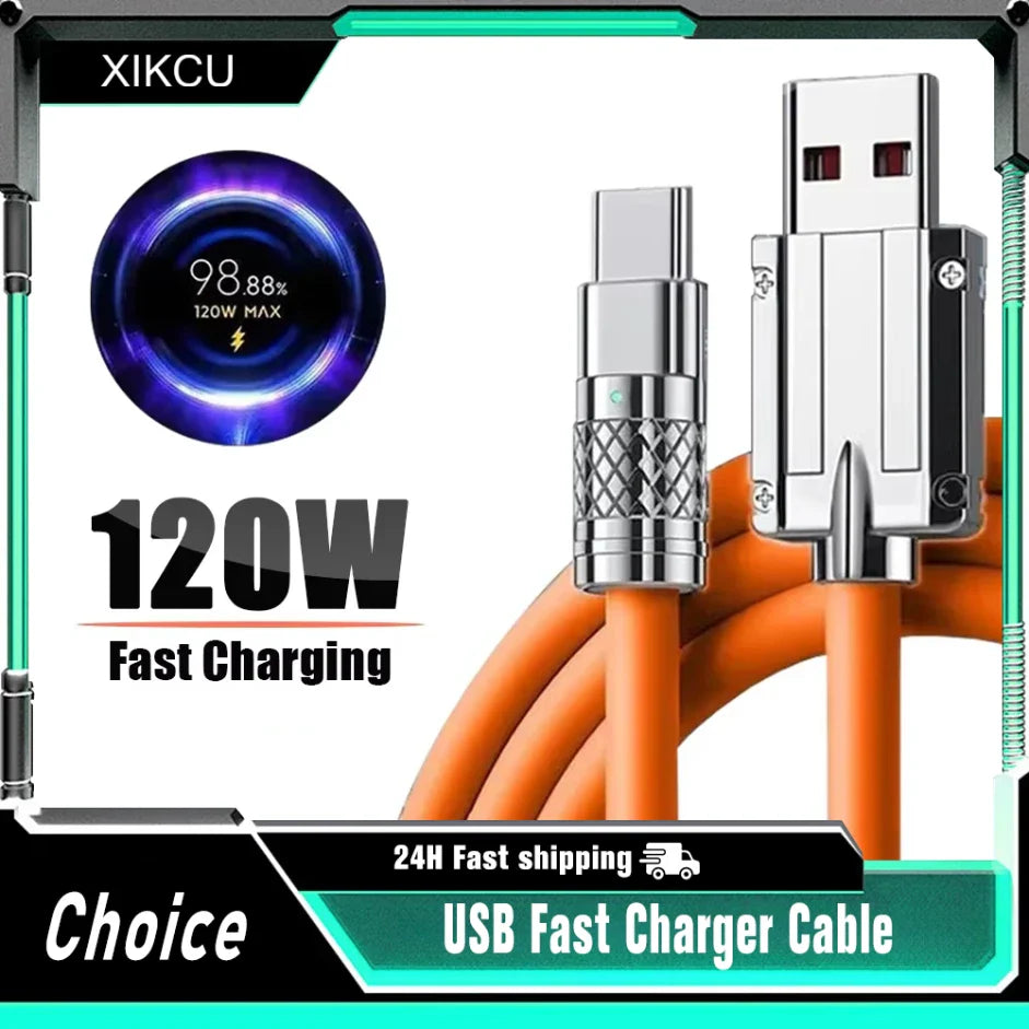 Liquid Silicone Cable Quick Charge 1M USB Cable USB C Charger Cable for Huawei Samsung Xiaomi 120W 6A Super Fast Charge Type C Pi-Mart